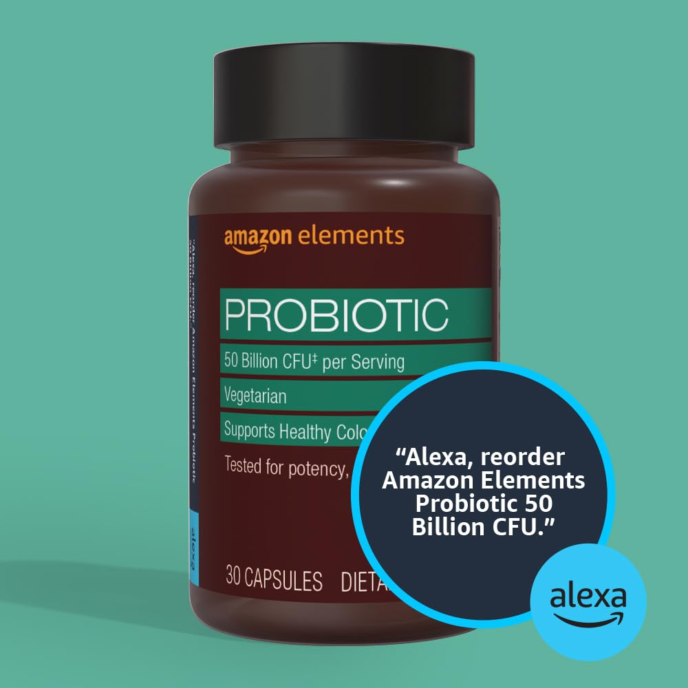 Amazon Elements One Daily Adult Probiotic Blend, Supports Healthy Colon and Immune Function, 50 Billion CFU (2 Strains), 30 Capsules, 1 Month Supply (Packaging May Vary)