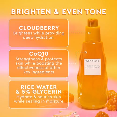 Glow Recipe Cloudberry Brightening Toner + Essence Skincare - CoQ10 Face Toner to Strengthen Skin Barrier + Hydrating Rice Water, Vitamin C, E & 5% Glycerin to Soften & Even Skin Tone - Travel (30 ml)