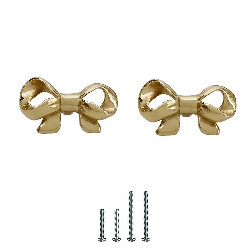 UniDes Pack of 2 Gold Brass Knobs for Dresser,Drawers and Cabinet, Decorative Bow Knobs and Pulls for Kids,Children,Girls Bedroom,2 PC