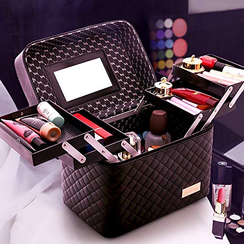 Sooyee Multifunction Travel Cosmetic Bag with Mirror, 4 Layer Drawers Foldable Tray Open to The Sides,Black Portable Train Makeup Organizer Case, Earrings and Necklace Storage Display Box