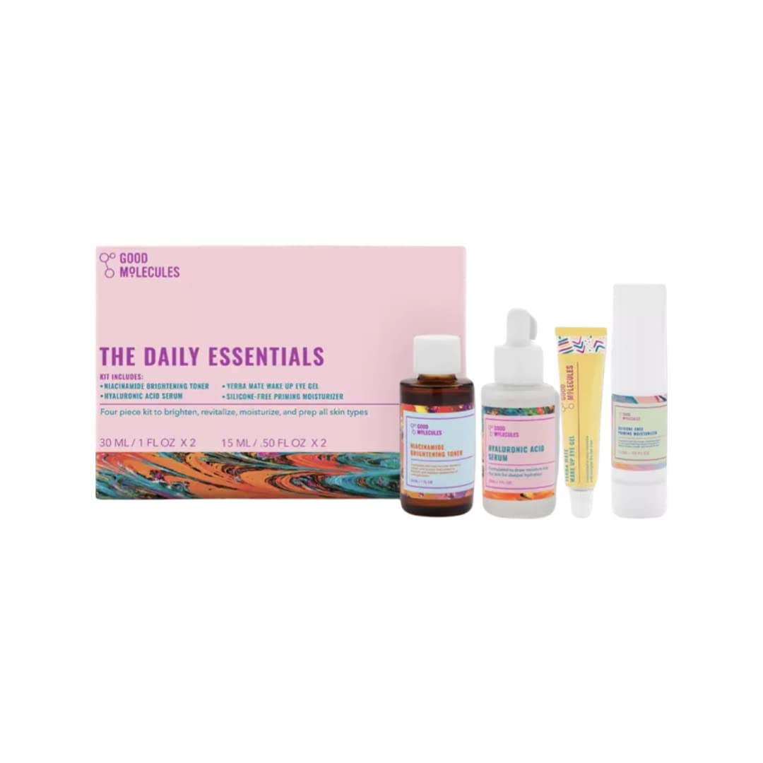 Good Molecules - The Daily Essentials - Niaciamide Brightening Toner (30 ml) - Hyaluronic Acid Serum (30 ml) - Yerba Mate Eye Gel (15 ml) - Silicone-Free Priming Moisturizer (15 ml) - (Set of 4)