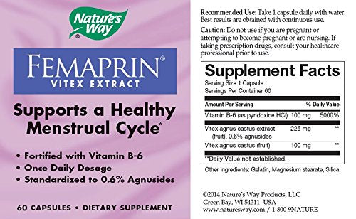 Nature's Way Femaprin, Vitex Extract, Menstrual Cycle Support* Alleviate Occasional Menstrual Discomfort*, Vitamin B6, 60 Capsules