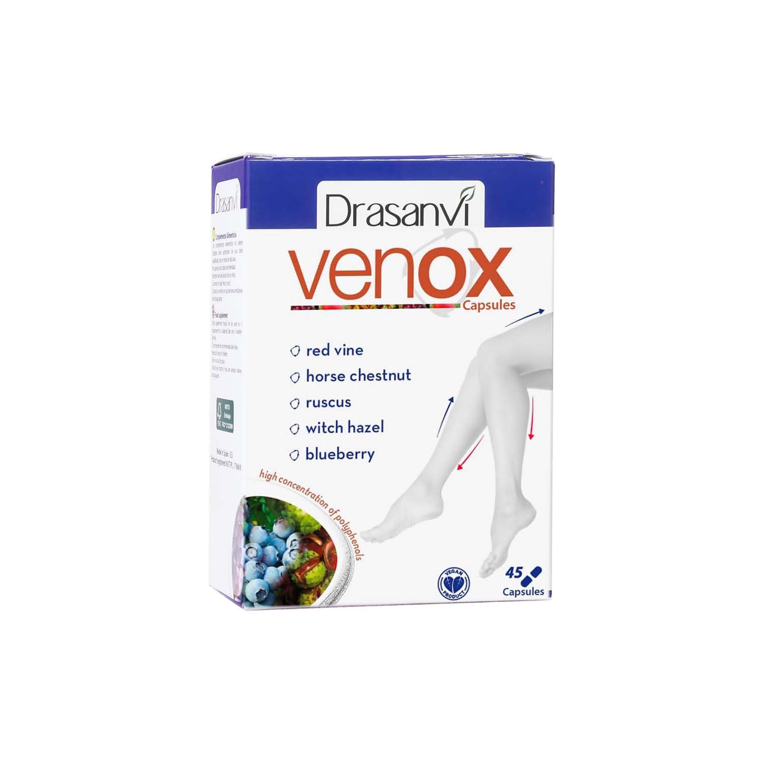 Drasanvi VENOX 45 Capsules - Health Care - Vitamins & Dietary Supplements - Vitamins - Multivitamins - Legs - Red Vine - Blueberries - Blackcurrant - Vitamins A, C and E - Gluten Free - Vegan