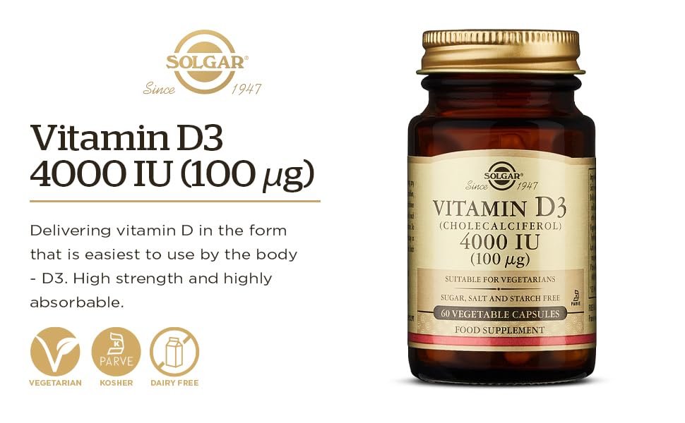 Solgar Vitamin D3 (Cholecalciferol) 10 MCG (400 IU), 100 Softgels - Helps Maintain Bones & Teeth - Immune System Support - Non-GMO, Gluten Free, Dairy Free - 100 Servings