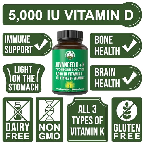Peak Performance Advanced Vitamin D 5000 IU with All 3 Types of Vitamin K Vitamin D3 and Vitamin K2, K1, MK-7 (MK7), MK4 Supplement. 60 Small and Easy to Swallow Vegetable Pills (5000 IU)