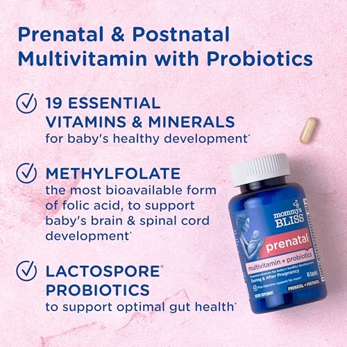 Mommy's Bliss Prenatal Multivitamin + Probiotic for Women w/ Folic Acid, Supports Baby Development & Mom's Digestion w/ Zinc, Vitamin B6 & B12, Ginger & Choline, Vegan & Gluten Free (45 Servings)