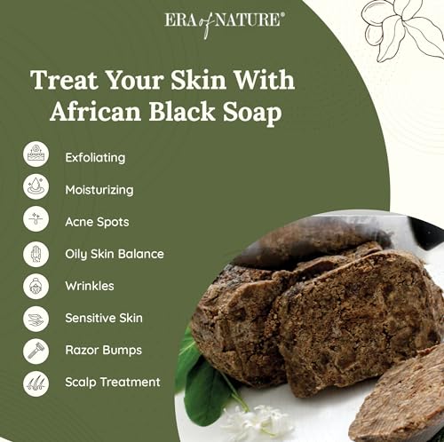 era of nature Best Raw ORGANIC AFRICAN BLACK SOAP, for Dry Skin and Skin Conditions. Pure & Natural Ingredients, Imported From Ghana - 1lb (16oz)