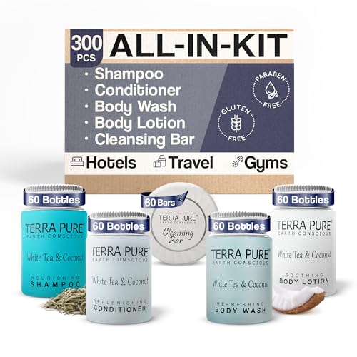 Terra Pure White Tea & Coconut Toiletries Set | 1-Shoppe Amenities Kit | 1oz Shampoo & Conditioner, Body Wash, Lotion, 1.25oz Bar Soap | Travel Size | 300 Pieces