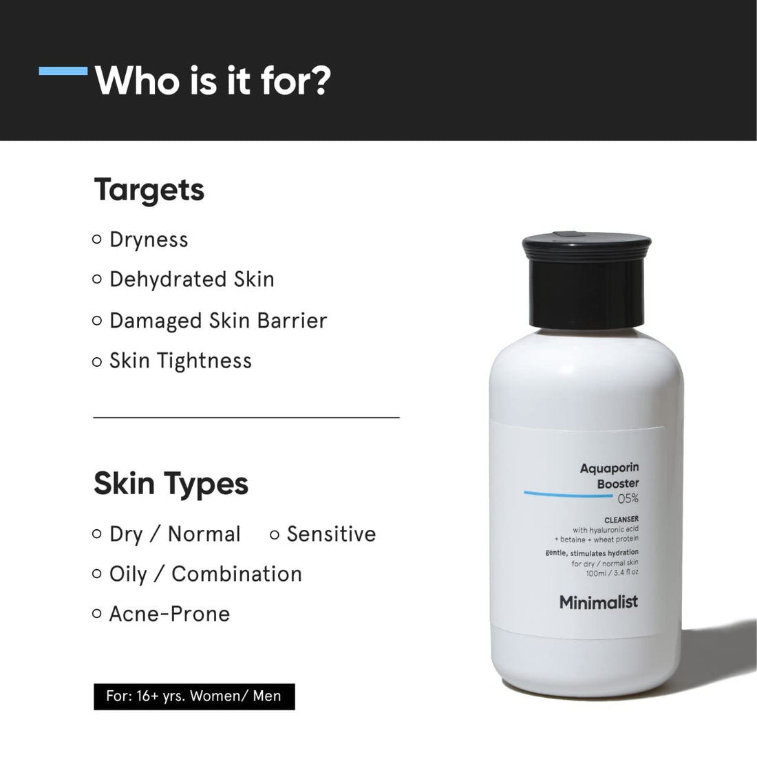 Minimalist Face Wash for Dry Skin with Hyaluronic Acid | 5% Aquaporin Booster Gently Cleanses & Hydrates Skin | For Women & Men | 3.4 Fl Oz / 100 ml