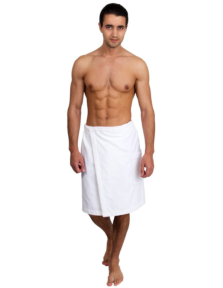 TowelSelections Mens Shower Wrap Adjustable Cotton Terry Velour Wrap Gym Body Cover Up Medium/Large White