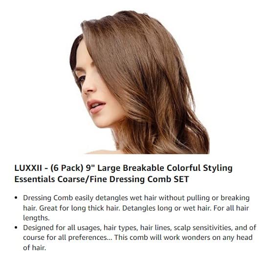 Luxxii - (6 Pack) 9 Large Colorful Styling Essentials Coarse/Fine Dressing Comb SET