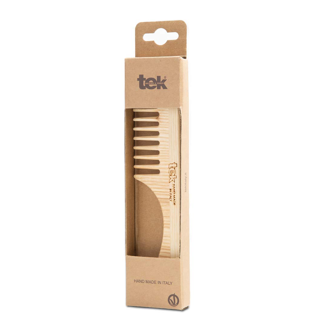 Tek hair comb in ash wood with wide teeth and handle - Handmade in Italy