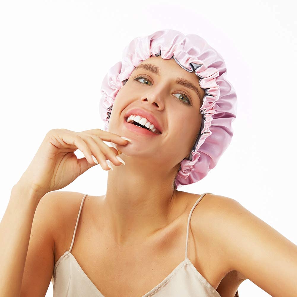 ELIHAIR Night Sleep Satin Cap for Women Girls Natural Hair Extra Large Satin Bonnet Cover Double Side Satin Cap Pink/Silvery Grey