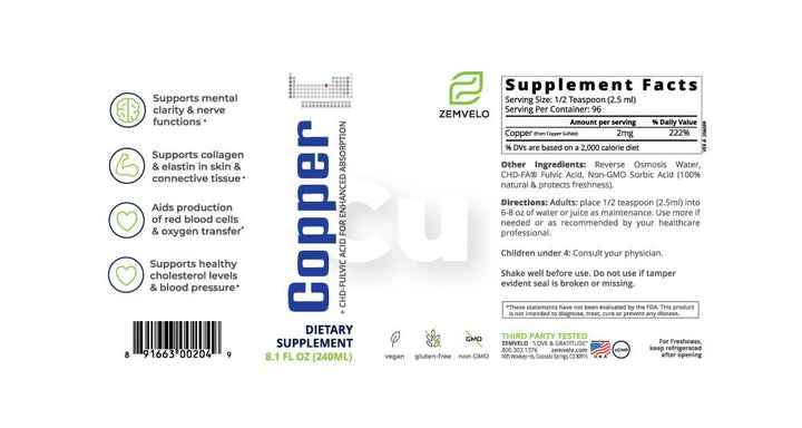 Liquid Ionic Chelated Copper | Natural Elixir for Healthy Connective Tissue | Healthy Hair, Skin, Nails & Collagen | Healthy Iron Levels | Mood Balance | 96 Day Supply