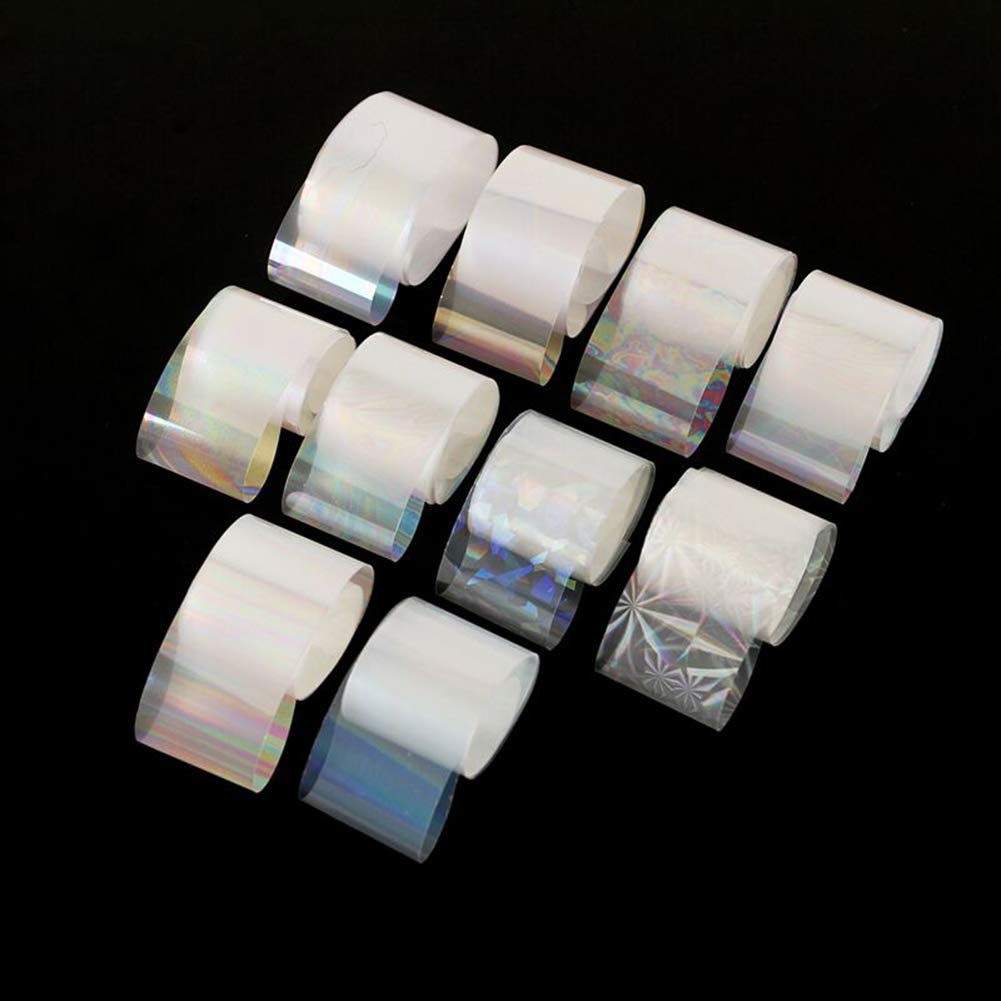 WOKOTO 10 Rolls White Pearl Color Holographic Nail Art Foil Transfer Roll Set Mix-Pattern Stickers Nails Transfer Decals Wraps Kit(1.0inchs*39.4inchs / 2.5cm*100cm)