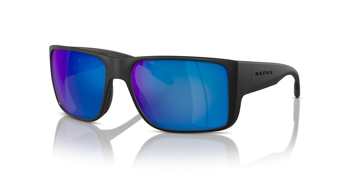 Native Eyewear Men's Badlands Rectangular Sunglasses, Matte Black/Blue Mirrored Polarized, 58 mm