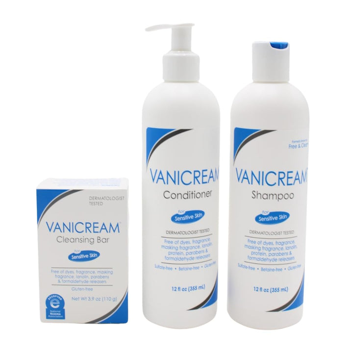 Vanicream Bundle Kit includes Vanicream Cleansing Bar (3.9 oz), Vanicream Shampoo (12 fl oz), and Vanicream Conditioner (12 fl oz)—a complete gentle skincare and haircare solution for sensitive skin.