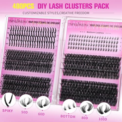 TNFVLONEINS Eyelash Clusters Bottom Lash Clusters with Spikes 480Pcs Cluster Eyelash Extensions Wispy Lash Extension DIY Individual Lashes Clusters Manga Eyelash Extension(50D+60D+80D+100D)