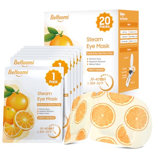 BeHoomi 20 Packs Steam Eye Mask, Heated Eye Mask Warm Compress for Eyes, Disposable Self Heating Steam Mask for Home, Sleep, Spa, Travel Essentials & Relaxation Gifts for Women (Sweet Orange)