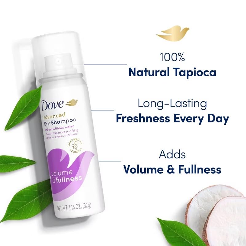 Dove Advanced Dry Shampoo, Travel-Size, Volume & Fullness, 6-Pack, Travel Essentials, 1.15 Oz Ea