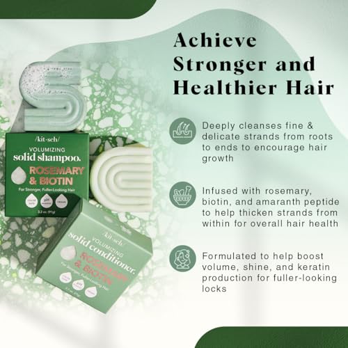 Kitsch Rosemary & Biotin Shampoo and Conditioner Bar Set for Thinning Hair - Volume Shampoo & Conditioner Bar for Men and Women, Hair Thickening & Regrowth Combo, Paraben Free, Made in USA - 2pcs