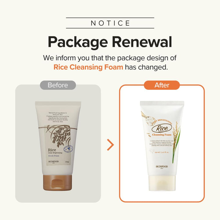 SKINFOOD Rice Daily Cleansing Foam 150ml - Delicate, Fine, and Smooth Brightening Cleansing with Fermented White Rice Ingredients - Firming Bubble Facial Foam Cleanser - For Men and Women (5.07 fl. oz