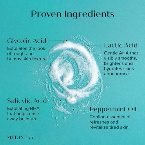 Medix 5.5 Glycolic Acid + Lactic Acid Exfoliating Body Wash Gel | KP Bump Eraser | AHA Exfoliant Skin Care Body Cleanser | Keratosis Pilaris & Acne | Anti Aging AHA Foaming Body & Face Wash, 15 Fl Oz