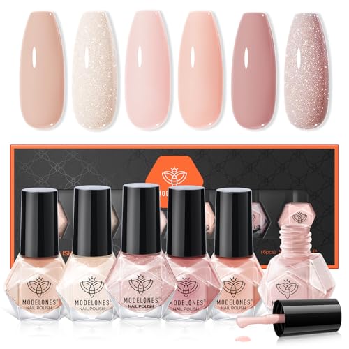 modelones Nail Polish Set, 6 Colors Natural Nude Nail Polish Bubble Bath Quick Dry Skin Tone Glitter Summer Nail Polish Kit Fingernail Polish Nail Art Salon Home Gifts For Women Girl