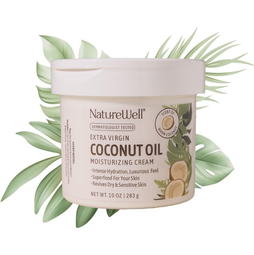 NATURE WELL Extra Virgin Coconut Oil Moisturizing Cream for Face, Body, & Hands, Anti Aging, Firming, Restores Skin's Moisture Barrier, Provides Intense Hydration for Dry & Dull Skin, 10 Oz
