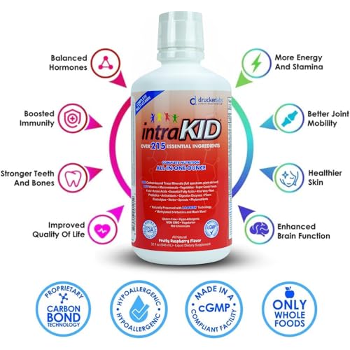 intraKID DRUCKER Labs 2.0 Organic Liquid Trace Minerals, Liquid Multivitamin for Kids, Immune Support, Non GMO, Dairy Free, Gluten Free, Magnesium, Vitamin D, C, E, Zinc, (32 oz., Fruity Raspberry)