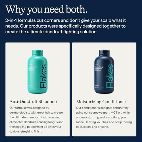 Flakes Anti Dandruff Shampoo and Conditioner Set for Men with Scalp Massager | Dry, Flaky, & Itchy Scalp Shampoo | Sulfate and Paraben Free | Hydrating Shampoo & Moisturizing Conditioner | 9 fl oz