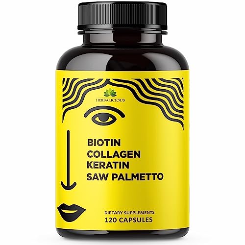 HERBALICIOUS Biotin Vitamins with Collagen, Keratin & Saw Palmetto for Women and Men - Biotin 10000 mcg Hair Skin Nails Supplement for Hair, Skin, and Nails Wellness - Made in USA, 120 Capsules