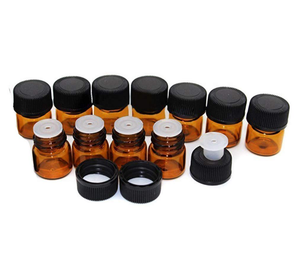 ELFENSTALL 50Pcs 2ml Oil Bottles for Essential Oils (5/8 Dram) Amber Glass Vials Bottles, with Orifice Reducers and Black Caps