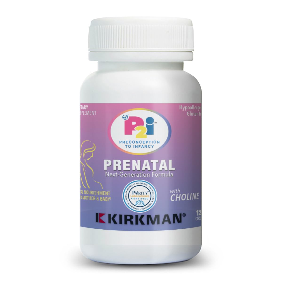 Kirkman P2i Prenatal Vitamins for Women, Multivitamin with Choline, 120 Capsules, Vital Daily Nutritional Support for Healthy Mother & Baby, OBGYN Formulated & Endorsed, Hypoallergenic & Gluten-Free