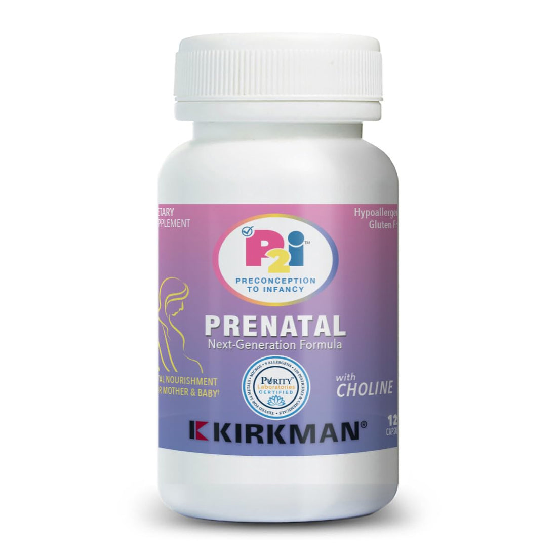 Kirkman P2i Prenatal Vitamins for Women, Multivitamin with Choline, 120 Capsules, Vital Daily Nutritional Support for Healthy Mother & Baby, OBGYN Formulated & Endorsed, Hypoallergenic & Gluten-Free