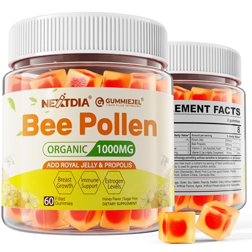 Nextdia Bee Pollen Organic 1000mg, w/Propolis, Royal Jelly, Sugar Free Bee Pollen Gummies Rich in B-Vitamin, Antioxidants, Amino Acids, Bee Pollen Supplement for Energy, Skin & Immune (1 Pack)