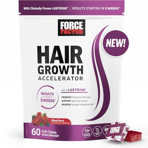 Force Factor Hair Growth Accelerator Soft Chews, Hair Growth Vitamins for Women with Clinically Proven Lustriva and Biotin to Promote Visibly Thicker, Fuller, Stronger Hair, Mixed Berry, 60 Soft Chews