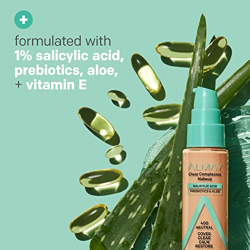 Almay Clear Complexion Acne Foundation Makeup with Salicylic Acid, Medium Coverage, Soft Matte Finish, Hypoallergenic, Cruelty- & Fragrance-Free, Dermatologist Tested, 500 Fresh Beige, 1 fl oz