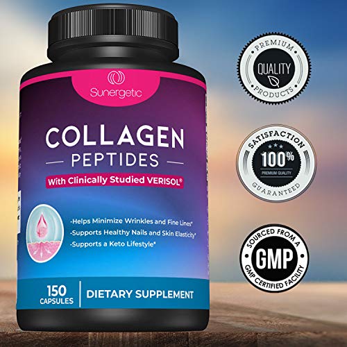 Sunergetic Premium Collagen Peptides Capsules – 2500 mg of VERISOL Collagen Peptides Type 1 & Type 3 – Multi Collagen Supplement to Support Joint Health, Hair, Skin & Nails – 150 Collagen Capsules