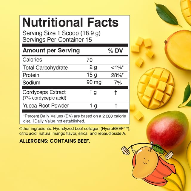 SUPER POWER PROTEIN - Hydrolyzed Beef Collagen Peptides Powder with Cordyceps & Yucca Root - Supports Muscle Recovery, Gut & Joint Health - Mango Flavor Protein Powder, 10oz