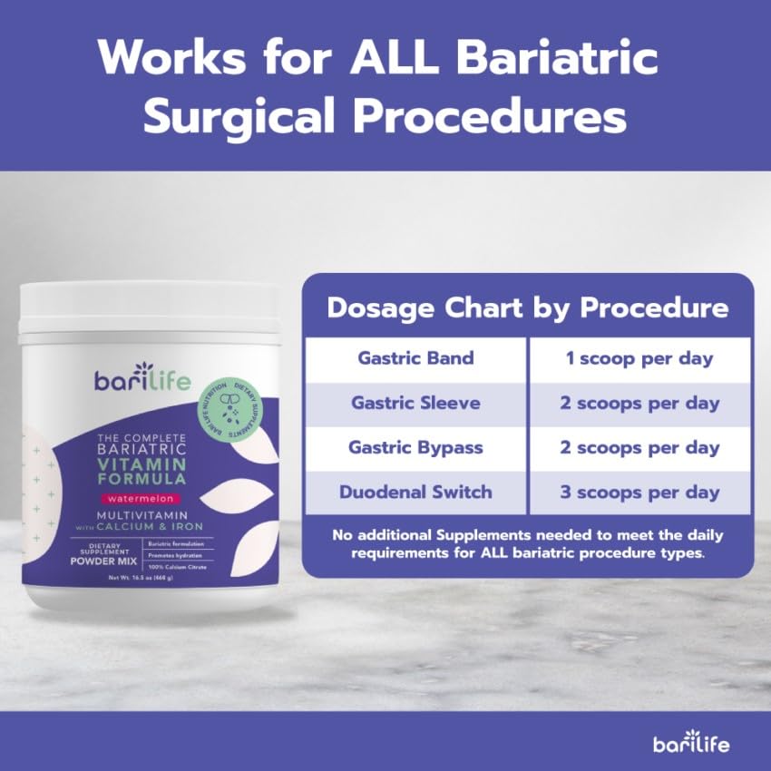 Bari Life Complete Bariatric Multivitamin with Iron - Dietary Supplement Powder Mix, Calcium Citrate, Multivitamin, Iron - Bariatric Vitamins for Gastric Sleeve Patients (Watermelon, 60 Servings)