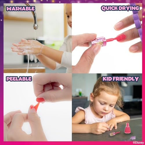 Townley Girl Disney Princess 15 Piece Water-Based Nail Polish with 3 Toe Spacers| Quick Dry| Peel Off| Gift Kit Set for Kids Girls| Ages 3