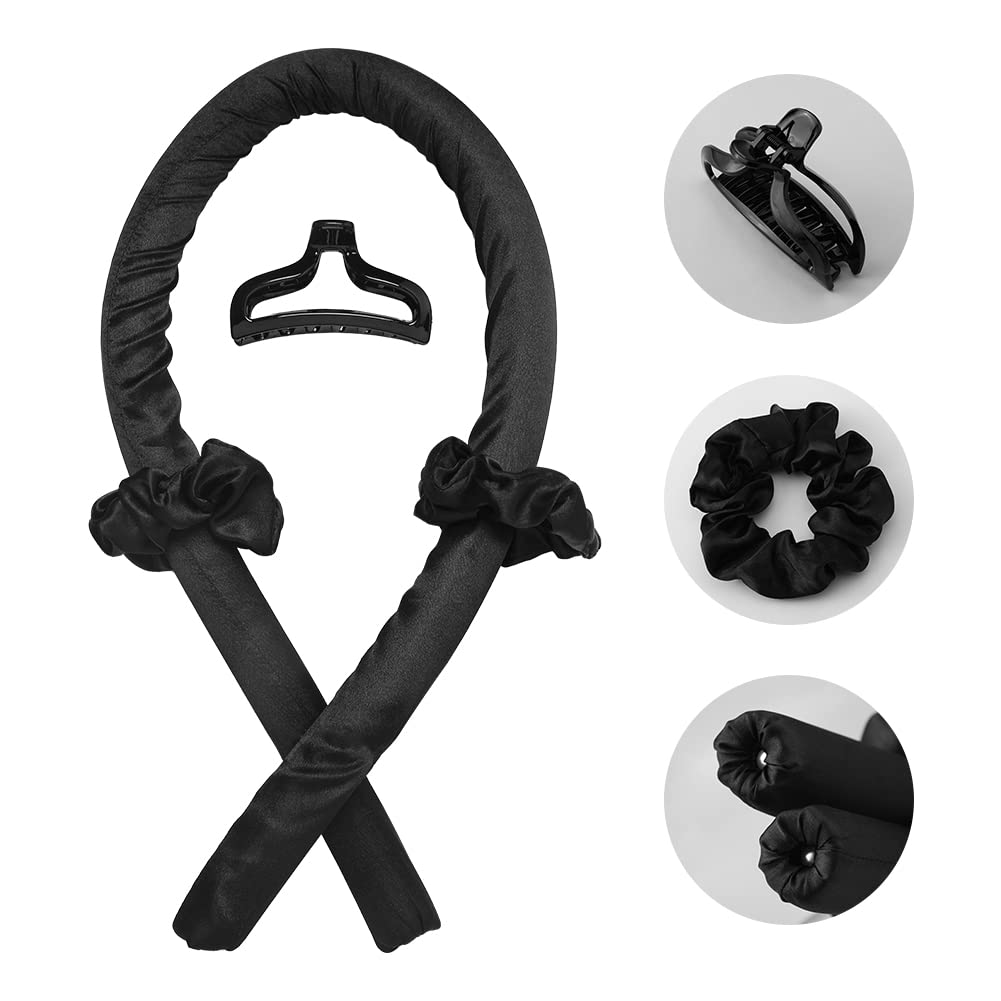 Heatless Curling Rod Headband No Heat Silk Ribbon Curling Rod Hair Roller Curls with Hair Claw Clip Lazy Natural Soft Wave DIY Hair Rollers Styling Tool for Sleep in Overnight (Black)