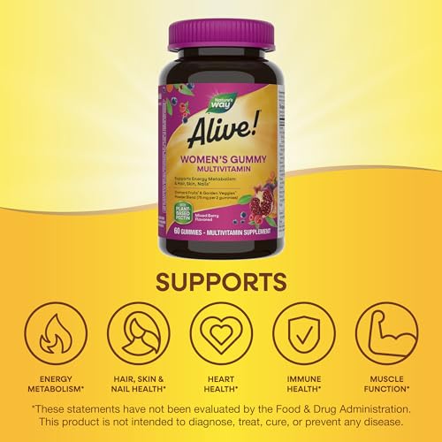 Nature's Way Alive! Women’s Gummy Multivitamin, 16 Vitamins & Minerals, Energy Metabolism*, Hair Skin & Nails*, Vegetarian, Mixed Berry Flavored, 60 Gummies - 2 Pack