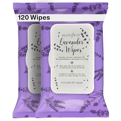 BeautyFrizz Lavender Face Wipes - 120 pcs - Gentle Makeup Remover Wipes for Women - Facial Cleansing Wipe with Aloe, Castor, Vitamin A and E - Extra Soft - Moisturizing