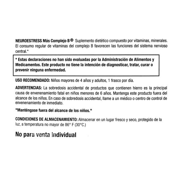NEUROESTRESS Plus B Complex Dietary Supplement - Vitamin C, B1, B2, B3, B5, B6, B12, Potassium, Manganese, Iron, Magnesium, Zinc - Supports Central Nervous System - 1 Bottle Daily Dose