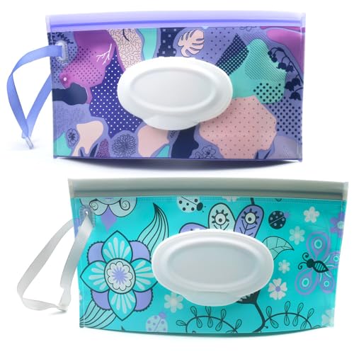 Baby Wipe Dispenser,Portable Refillable Wipe Holder Wipe Dispenser Bag Reusable Travel Wet Wipe Pouch (blue purple)