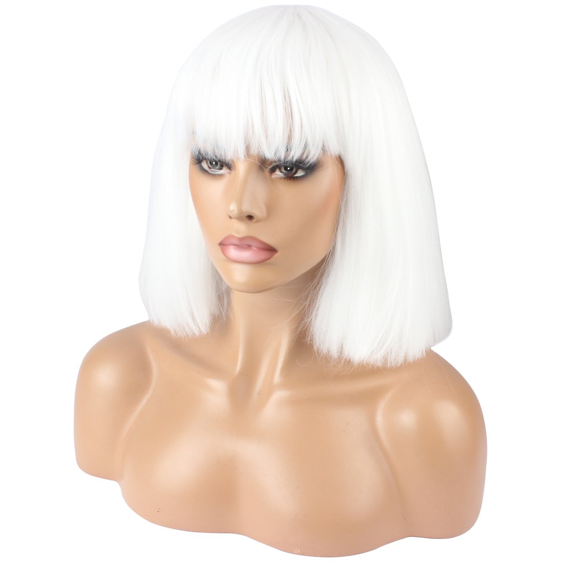Solid White: Weken Women'S Fashion Wig Short Bob Kinky Straight Full Bangs Synthetic Hairpieces Solid White