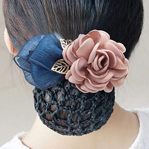 Women Hair Bun Cover Net Snood Hairnet Bowknot Decor Barrette Hair Clip Bow Ribbon Flower Hair Accessories For Stewardess Banks Hotels Restaurant Staff (Pink)