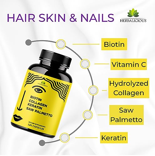 HERBALICIOUS Biotin Vitamins with Collagen, Keratin & Saw Palmetto for Women and Men - Biotin 10000 mcg Hair Skin Nails Supplement for Hair, Skin, and Nails Wellness - Made in USA, 120 Capsules